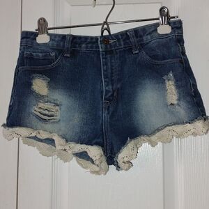 Forever 21 distress jean shorts with lace trim  Sz 27